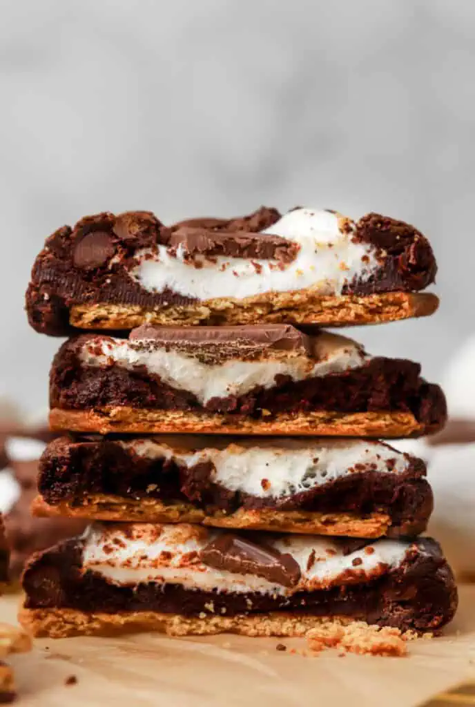 four brownie cookies broke in half stacked