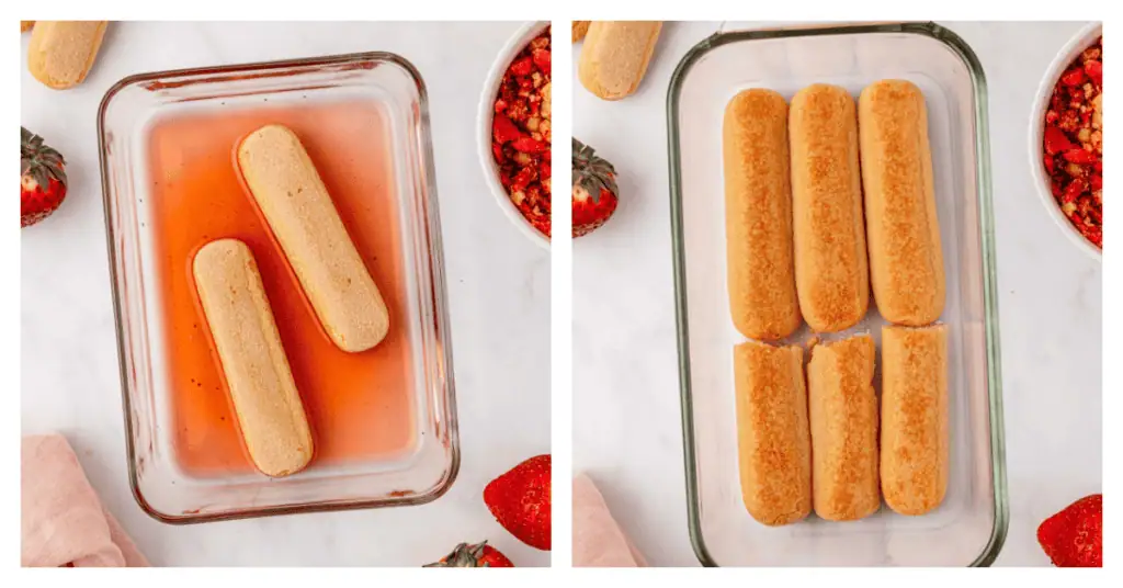 lady fingers dipped into strawberry juice and layered into dish
