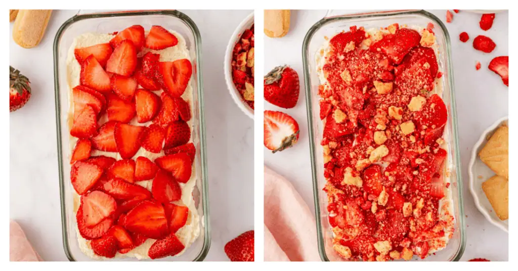 strawberries and crunch mixture layered on top