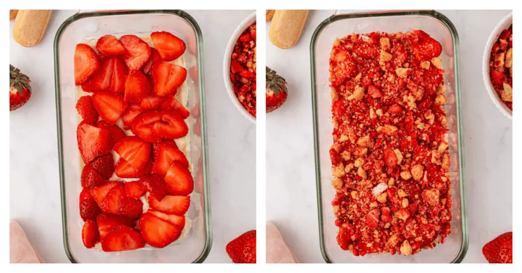 strawberries and crunch mixture layered on top