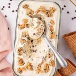 loaf pan of cookie dough ice cream with a cookie scoop in it