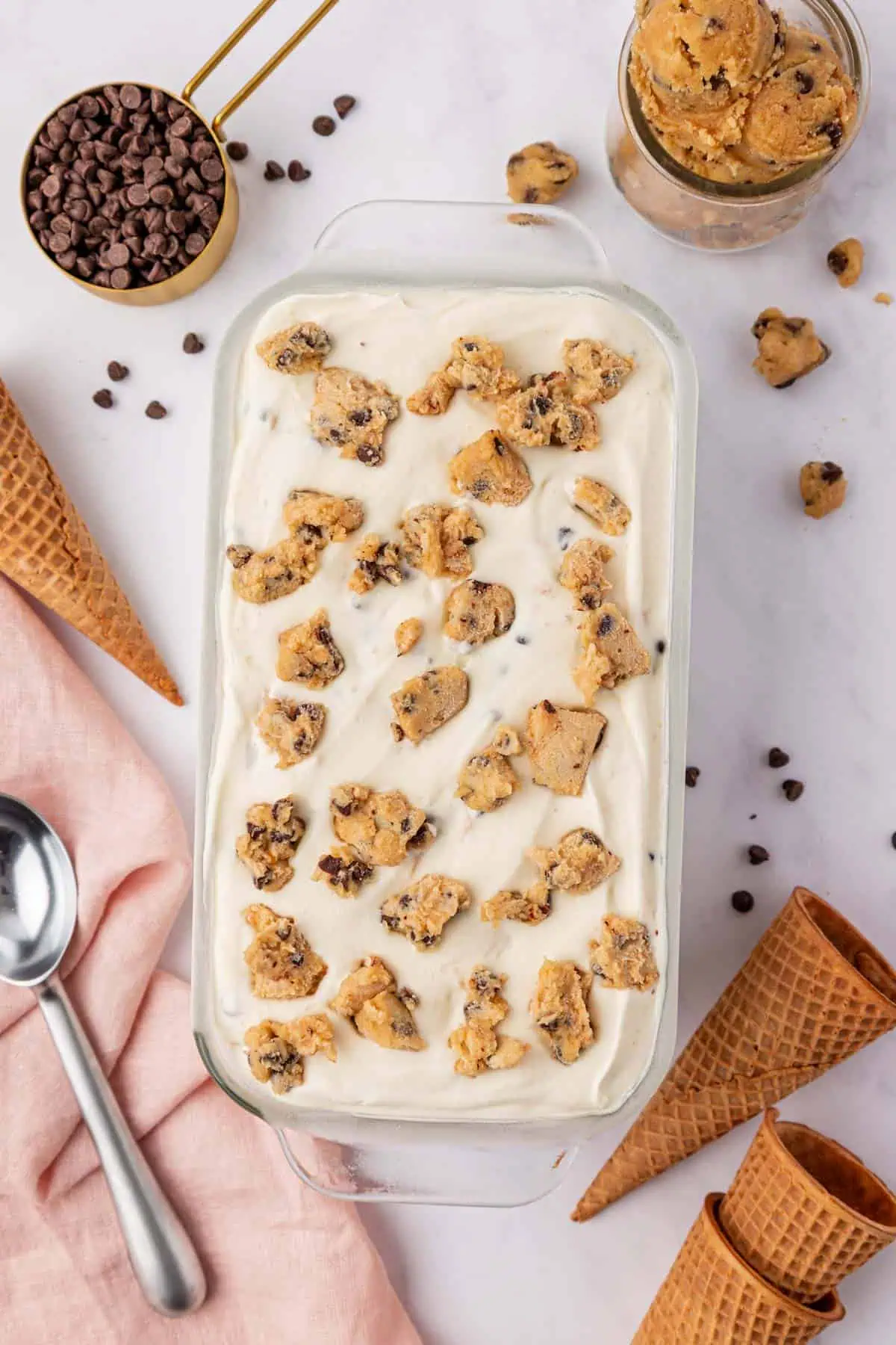 cookie dough ice cream spread into a loaf pan
