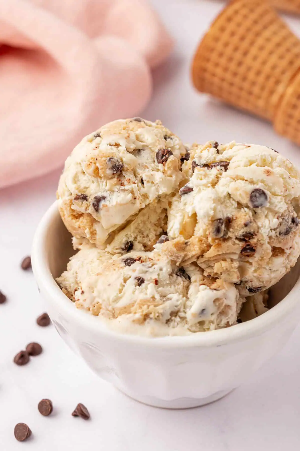 a bowl of cookie dough ice cream