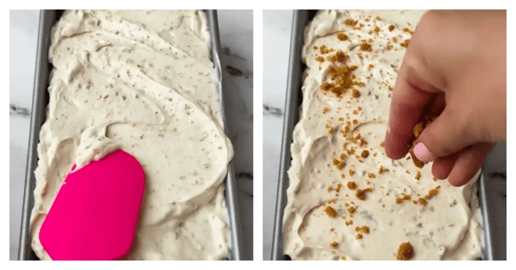 ice cream spread into pan and topped with graham cracker crumble