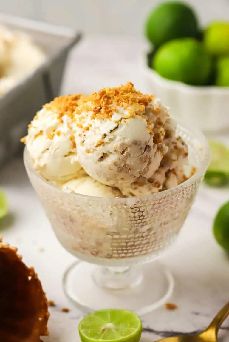 an ice cream dish with key lime pie ice cream in it