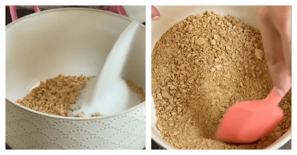 sugar poured into the graham cracker crumbs and stirred together