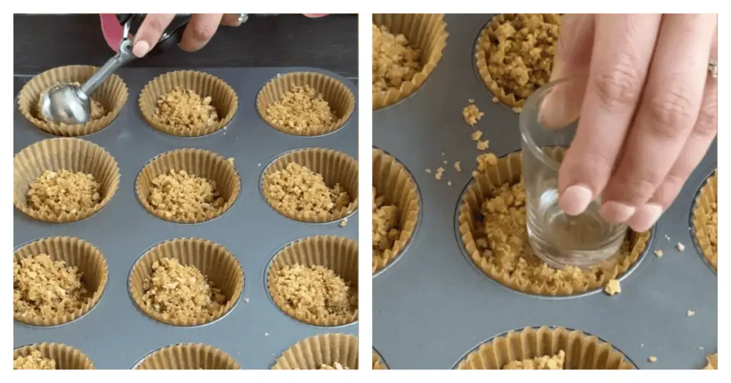 graham cracker crust mixture scooped into a muffin tin and pressed down with a shot glass