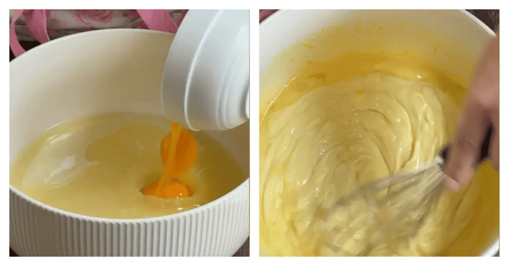 egg yolks poured into the lemon filling and whisked together