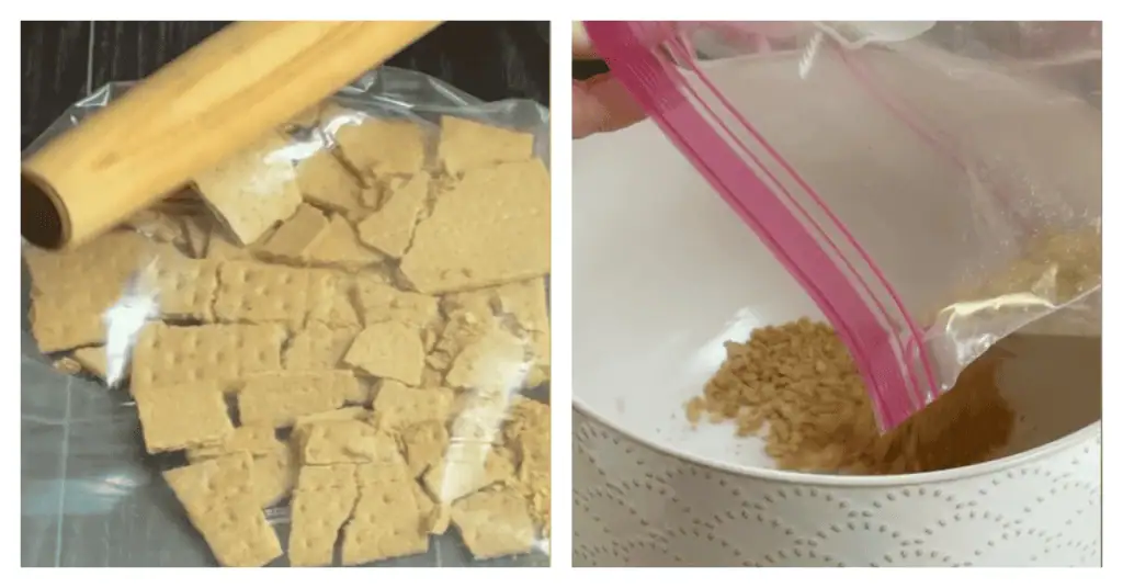 graham crackers smashed by a rolling pin and poured into a bowl