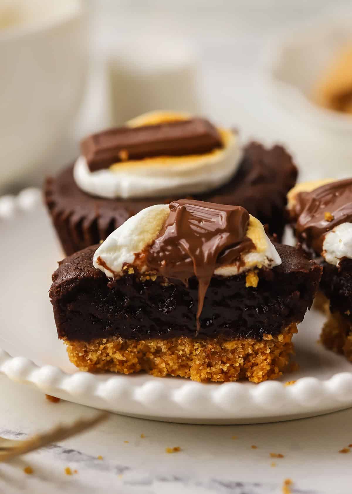 a smores brownie bite cut in half