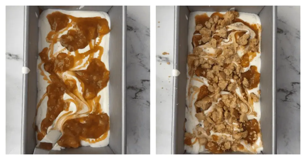 caramel swirled on top and crumbs sprinkled over the mixture