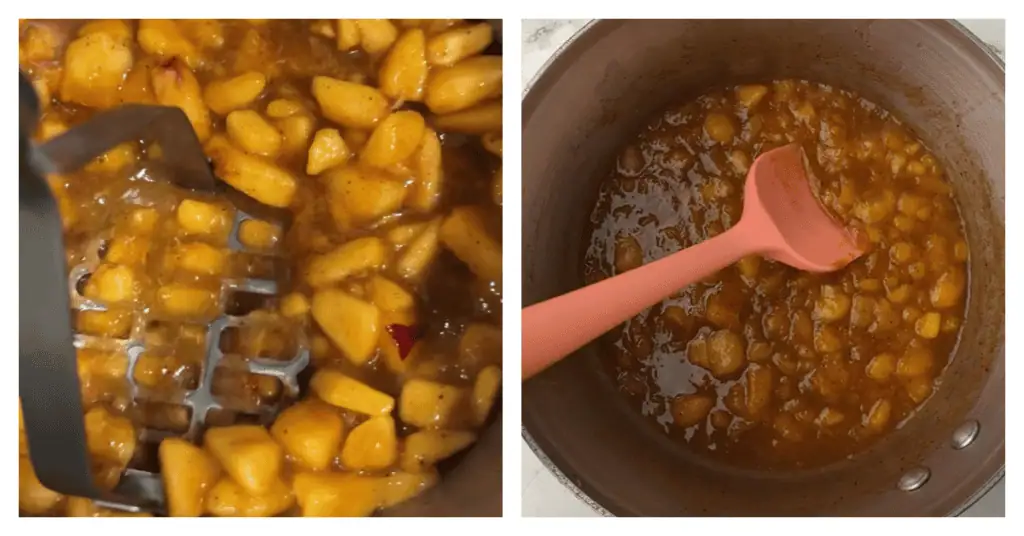 peach mixture broken down by a potato masher and cooked on a stovetop