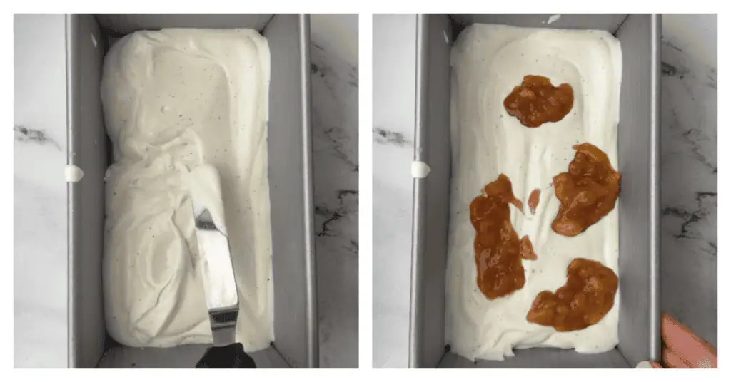 ice cream spread into the pan and peach mixture spread into the pan