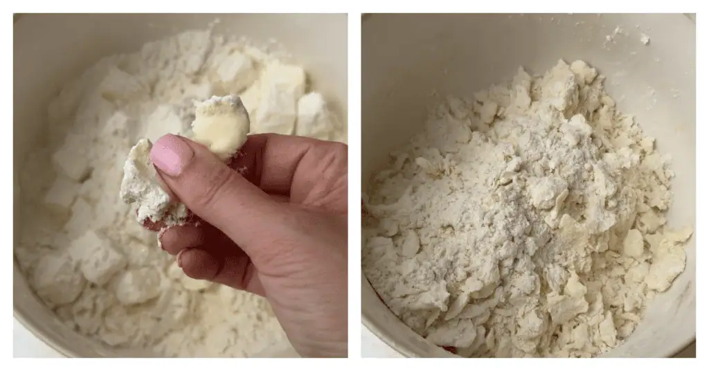 butter squished into the flour with fingertips