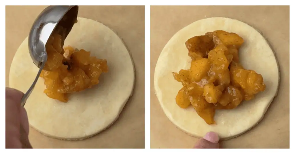 peach filling placed on top of a pie crust circle