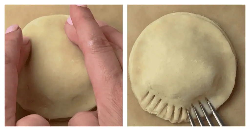 second pie circle placed on top of the bottom of a peach hand pie