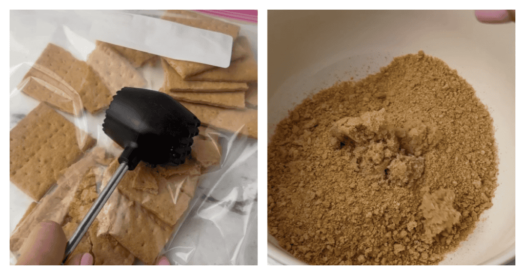 graham crackers smashed into crumbs in a zip top bag by a mallet
