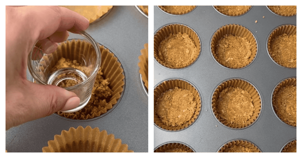 graham cracker crust pressed down into the muffin cups with a shot glass