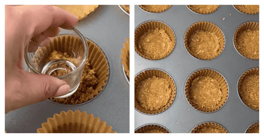 graham cracker crust pressed down into the muffin cups with a shot glass