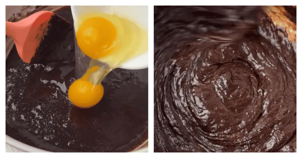 eggs and vanilla mixed into the brownie batter