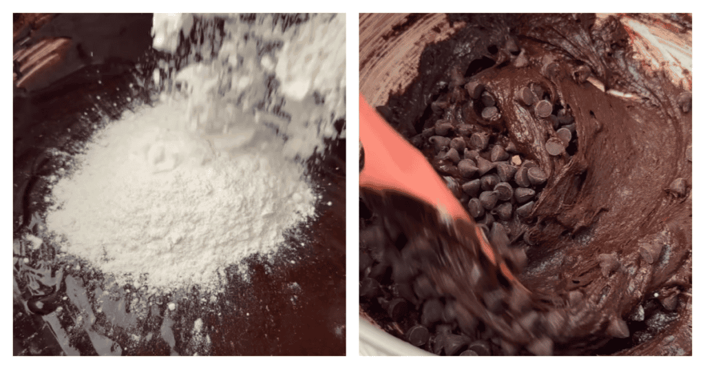 flour and chocolate chips stirred into the brownie batter