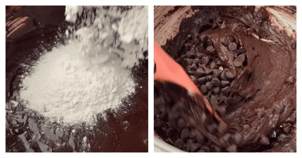 flour and chocolate chips stirred into the brownie batter