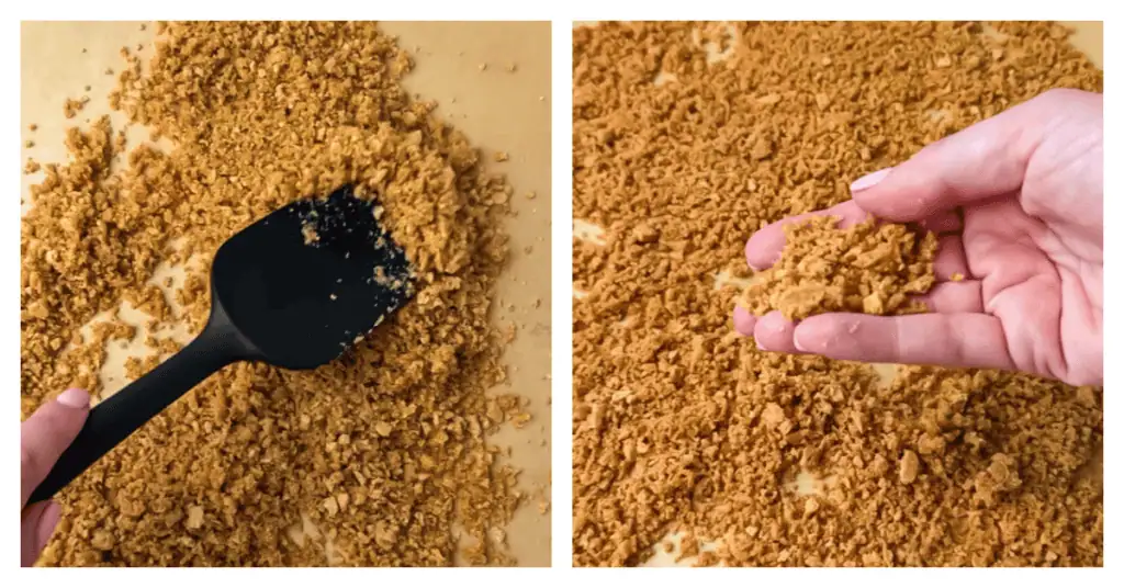 graham cracker crumble spread onto a cookie sheet and baked