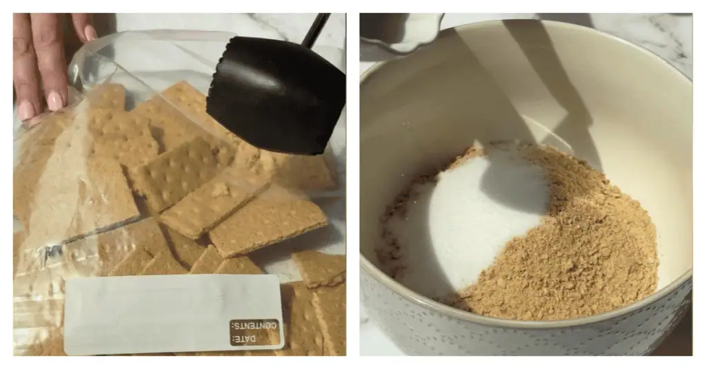 graham cracker crumbs smashed in a bag and added to a bowl with sugar
