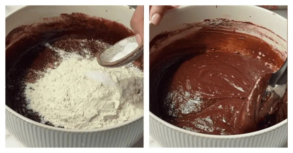 dry ingredients added to the brownie batter
