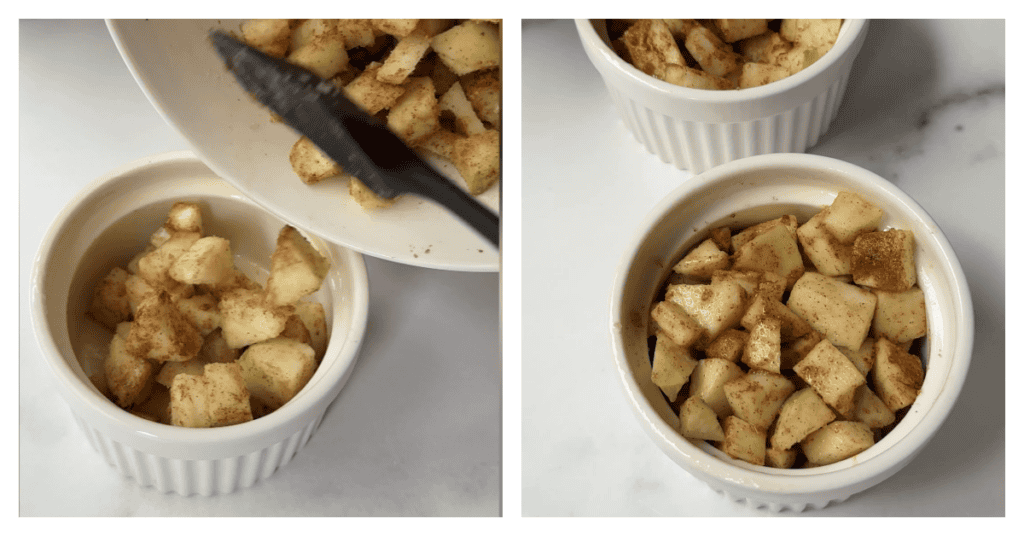 apple mixture divided into two ramekins