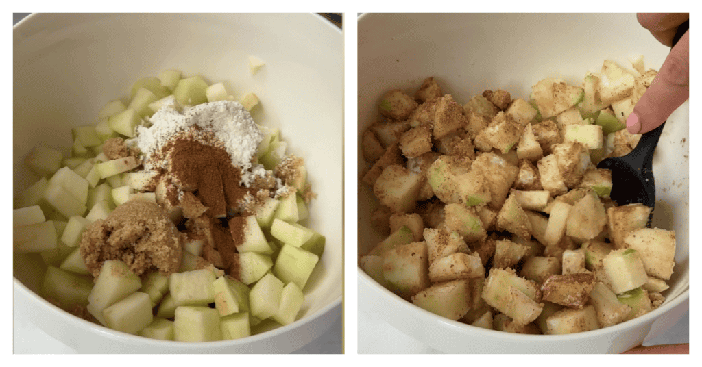 spices, flour, sugar and apples stirred togtether