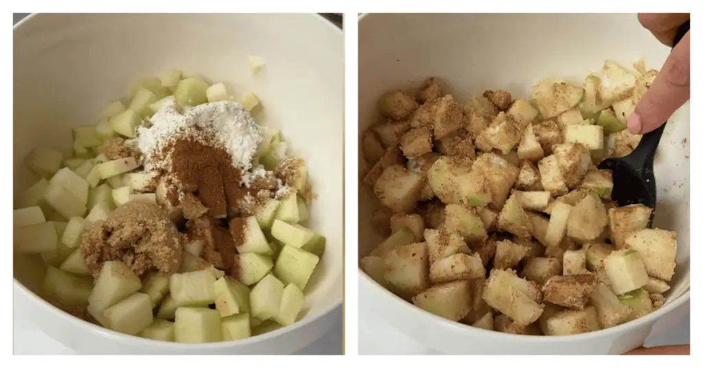 spices, flour, sugar and apples stirred togtether