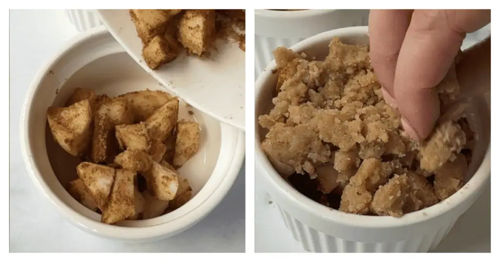 apples poured into a ramekin and topped with crumble