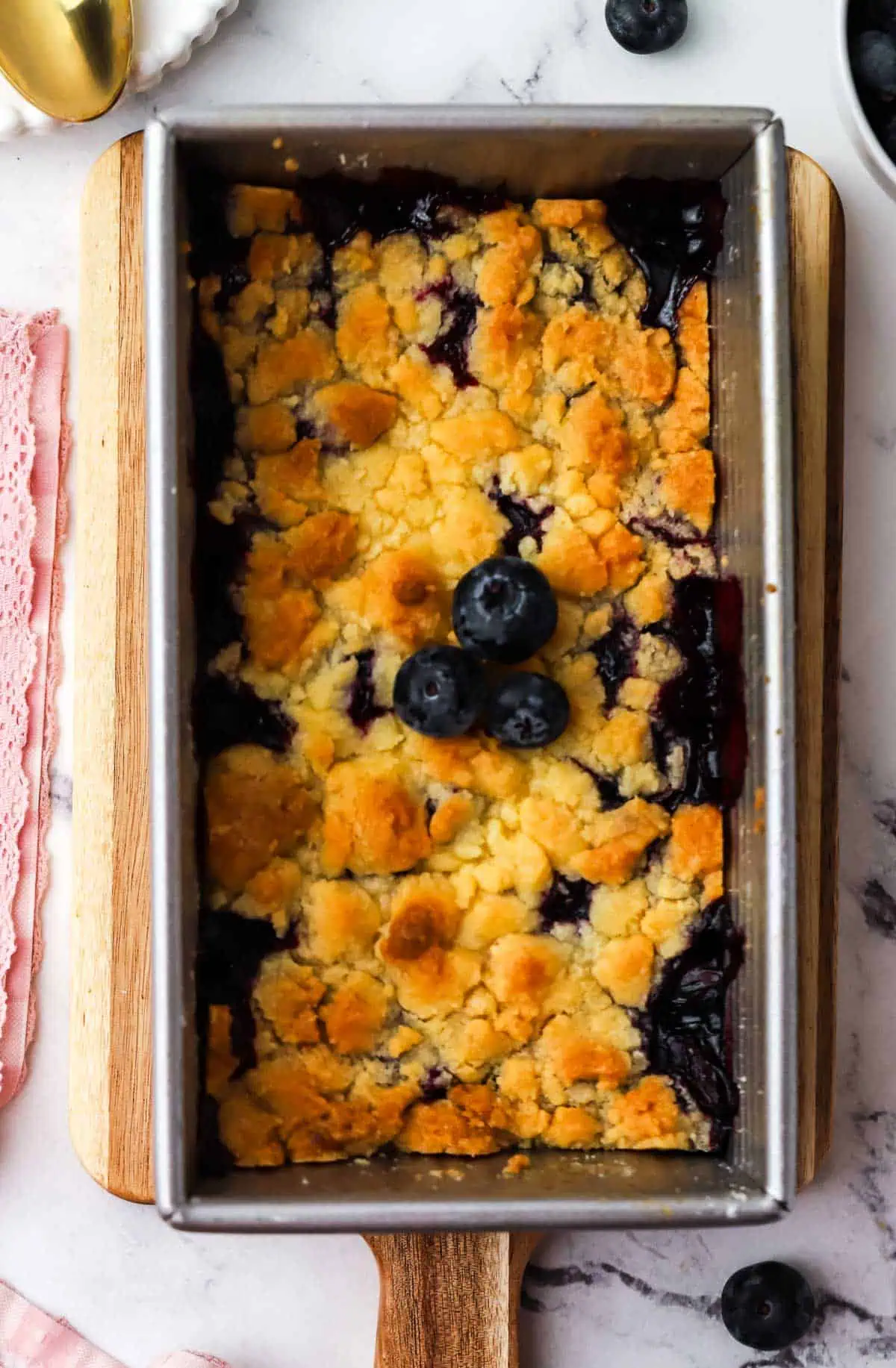 blueberry crumble baked in a loaf pan