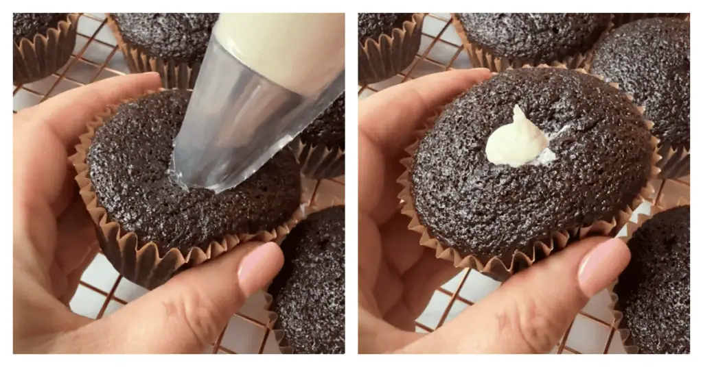 marshmallow buttercream piped into the center of a cupcake