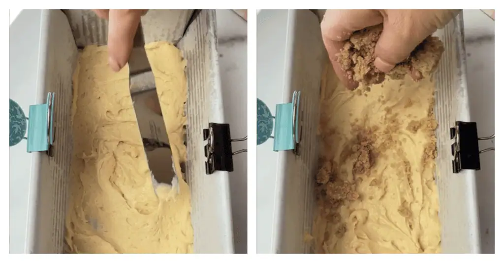 coffee cake batter spread in pan and streusel sprinkled on top