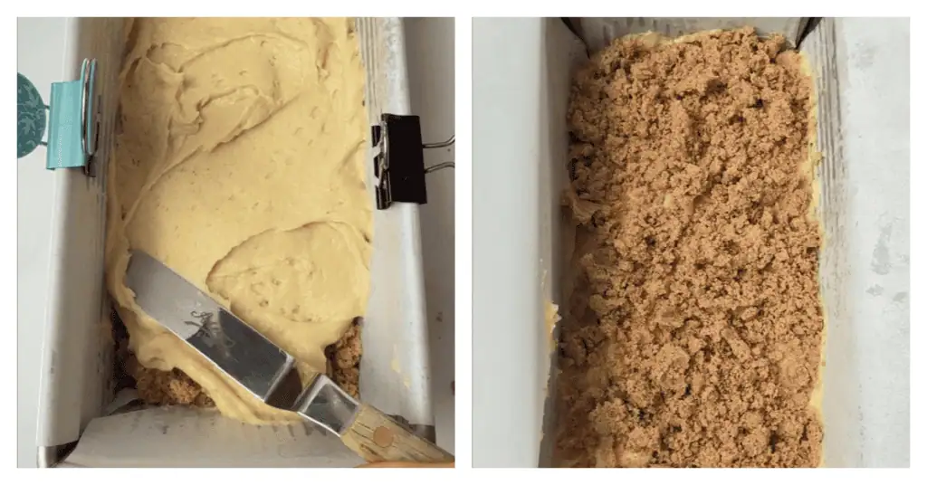 batter and streusel layered in a loaf pan