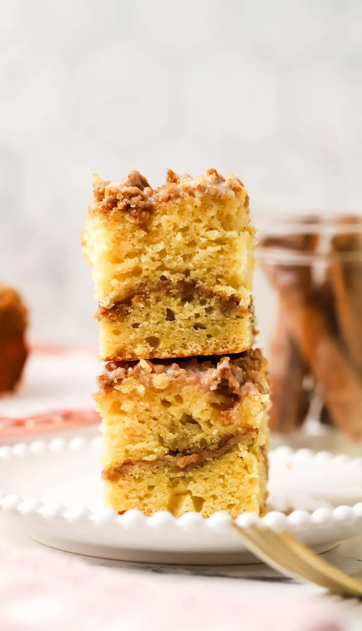 two slices of coffee cake stacked