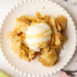 a serving of apple cobbler on a plate topped with ice cream