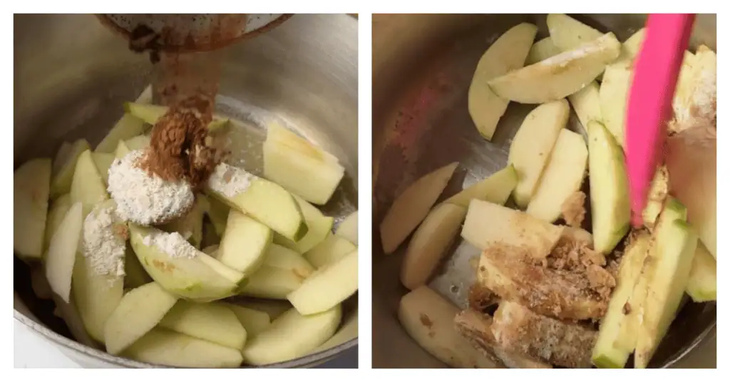 spices and apples stirred together in a saucepan