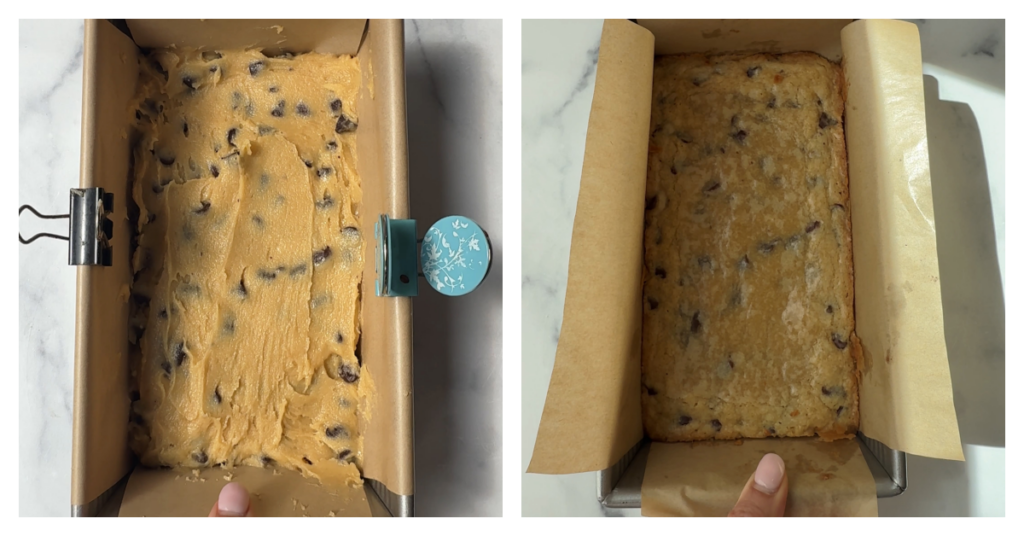 cookie dough pressed into a loaf pan and baked