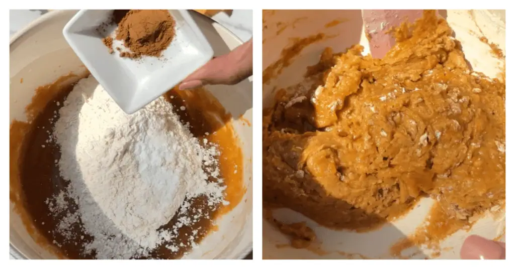 dry ingredients added to pumpkin batter