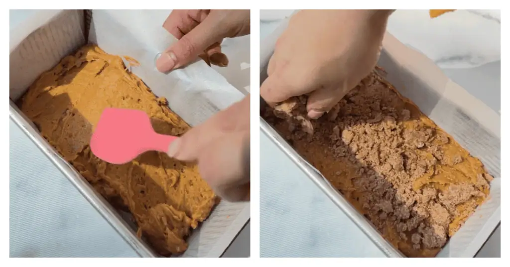 pumpkin cake batter spread into loaf pan and streusel sprinkled on top
