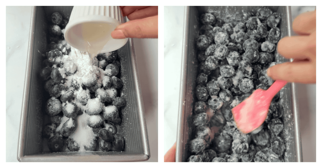 blueberry filling ingredients stirred together in a loaf pan