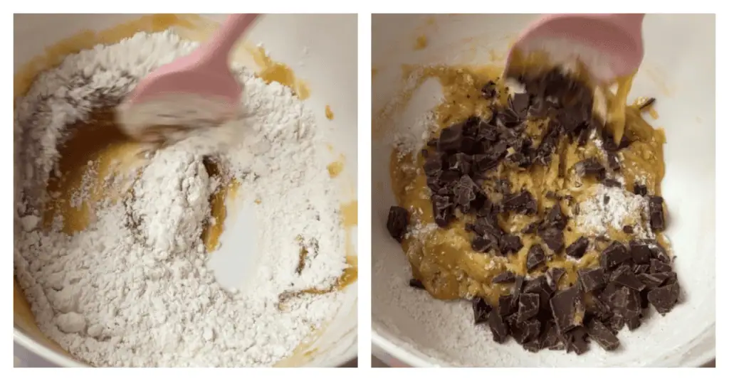 dry ingredients and chocolate chips added to the cookie dough