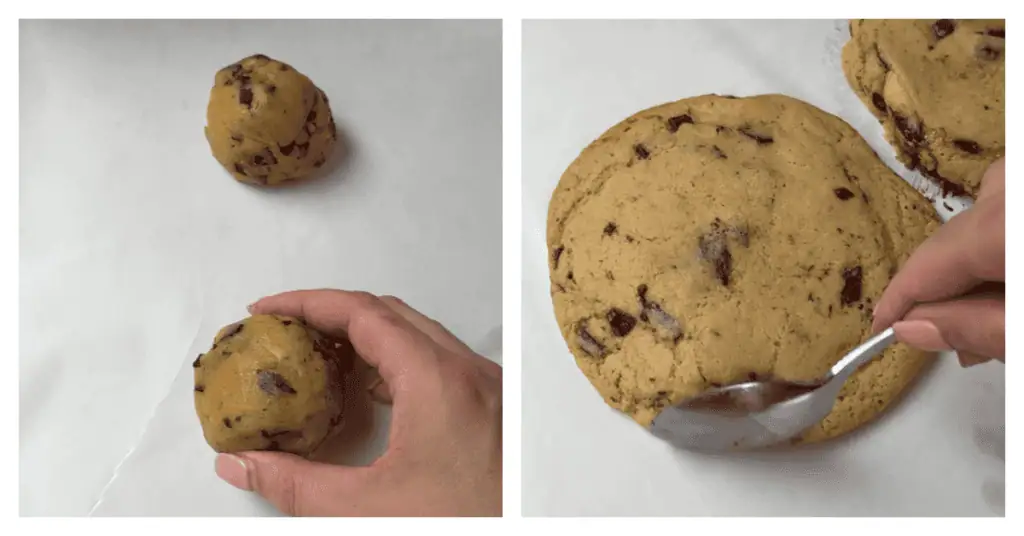 two cookie dough balls placed on a cookie sheet and baked and edges pressed in with a spoon