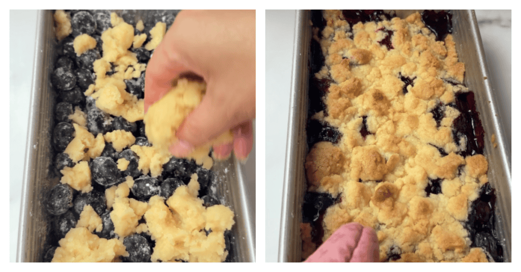 crumble sprinkled on top of blueberries and baked