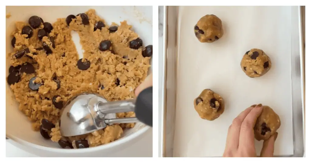 cookie dough scooped and four cookie dough balls on a cookie sheet
