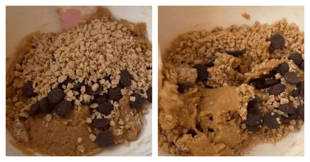 toffee bits and chocolate chips stirred into cookie dough