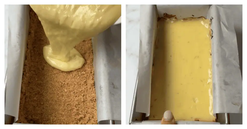 key lime pie filling poured on top of graham cracker crust and baked